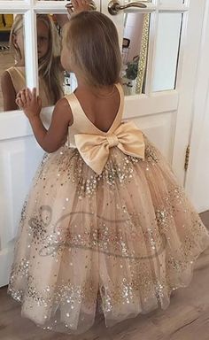 gold sequined flower girl dress, long flower girl dress, flower girl dress with bow in the back Champagne Flower Girl, Flower Girl Dresses Champagne, Champagne Flowers, Long Flowers, Quinceanera Party