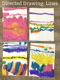 four different colored drawings on paper with the words directed drawing lines