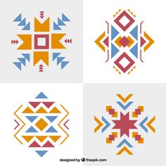 four different colored geometric designs with arrows and shapes on them, all in different colors