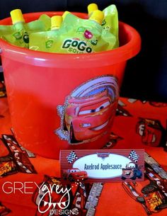 cars birthday party favors in a bucket