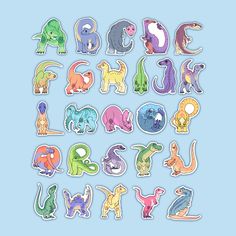 the letters and numbers are made up of different types of dinosaurs, including one with an animal