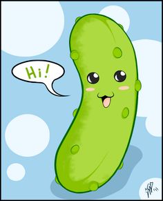 a green pickle with a speech bubble saying hi