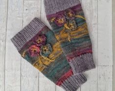 "Hand knitted leg warmers with crocheted flowers and branches. 14\" long Made of soft acrylic yarn. Hand wash only. It is possible to order another color, just let me know. (In this case please allow up to 5 working days for processing before dispatch.)" Casual Multicolor Knitted Leg Warmers, Purple Casual Leg Warmers For Fall, Casual Purple Leg Warmers For Fall, Multicolor Knitted Leg Warmers For Fall, Handmade Casual Socks For Fall, Casual Crochet Leg Warmers One Size, Spring Knitted One-size Socks, One Size Leg Warmers For Spring, Shabby Chic Tablecloth