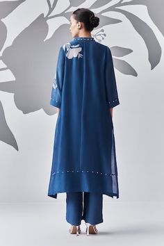 Blue kurta with thread embroidered floral motifs. Comes with inner slip. - Aza Fashions Indigo Kurta With Floral Embroidery For Eid, Silk Blue Kurta With Intricate Embroidery, Indigo Floral Embroidered Kurta For Eid, Blue Silk Kurta With Floral Embroidery, Designer Blue Kurta With Floral Embroidery, Blue Kurta, Kurta Palazzo, Palazzo Set, Floral Motifs