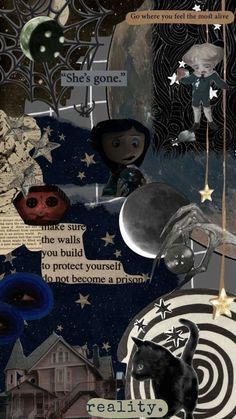 a collage of images and words with an image of a cat on the moon