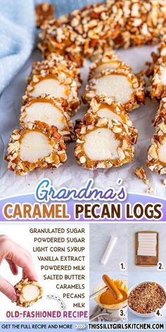 an advertisement for grandma's caramel pecan logs