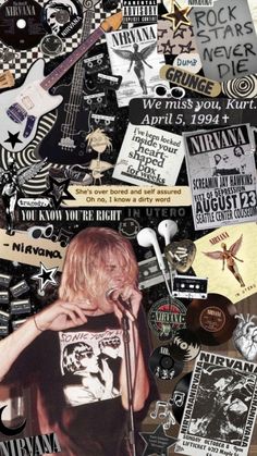 a collage of various stickers and decals on a table with a woman singing into a microphone