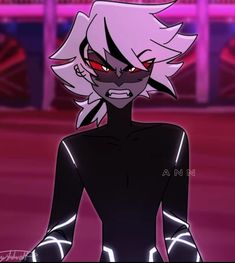 an animated female in black and white with red eyes, standing on a pink background