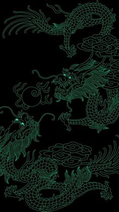 two green dragon sitting next to each other on top of a black background with white writing