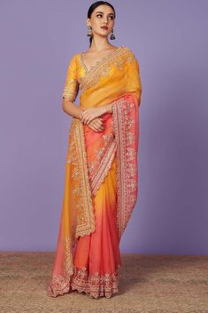 ORGANZA YELLOW AND PINK OMBRE ZARDOZI ZIG ZAG BORDER SAREE SET COLOR: YELLOW AND PINK MATERIAL: ORGANZA SET OF PIECES: 2 : UNSTITCHED BLOUSE + SAREE Yellow Pink Saree, Modest Saree, Haldi Saree, Engagement Sarees, Simple Elegant Dresses, Saree Wearing Styles, Sarees For Girls, Trendy Outfits Indian, New Saree Designs