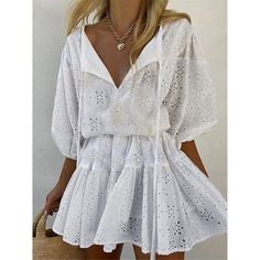 Season:Summer; Fabric:Cotton; Sleeve Length:3/4 Length Sleeve; Look After Me:Machine wash; Gender:Women's; Style:A Line,Boho,Bohemia,Basic; Elasticity:Micro-elastic; Occasion:Holiday,Street,Vacation; Fit Type:Loose Fit; Dresses Type:Plain Dress,Boho Dress,White Dress,Summer Dress,Casual Dress,A Line Dress; Design:Eyelet; Neckline:V Neck; Listing Date:01/19/2024; Bust:; Length:; Shoulder Width:; Sleeve:; Fit US Size:; Fit UK Size:; Fit EU Size:; Dress Length Type:Mini Dress; Print Type:non-printi White Bohemian Dress, Bohemian Mini Dress, Floral Lace Shorts, Dress Item, Casual White Dress, Boho Mini Dress, Mini Robes, Half Sleeve Dresses, Mini Dresses For Women