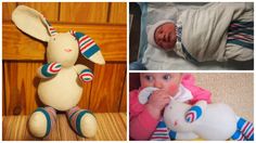 four different pictures of babies and stuffed animals