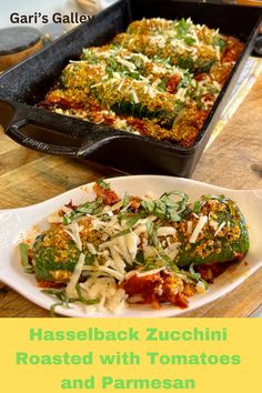 a casserole dish with tomatoes and parmesan cheese on it is shown