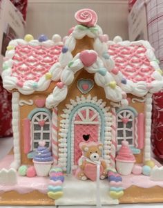 a close up of a small gingerbread house