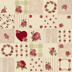 a patchwork pattern with roses and hearts on the side, in shades of red