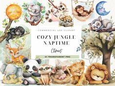 an animal themed collage with the words cozy jungle naptime clipart on it