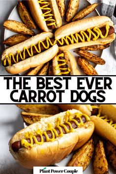 Overhead view of four hot dogs on a plate in buns with mustard squiggles on top with text reading the best ever carrot dogs Vegan Hotdogs Recipe, Carrot Hotdogs Recipe, Carrot Dogs Recipe, Carrot Hot Dog Recipes, Carrot Dogs Vegan, Carrot Vegan Recipes, Carrot Hotdogs, Carrot Hot Dog, Vegan Hotdogs