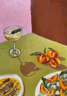 a painting of food on a table with a glass of wine and some olives