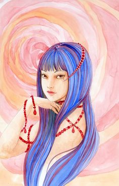 a painting of a woman with long blue hair and red beads on her necklaces