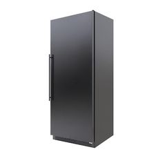 a black refrigerator freezer sitting on top of a white wall