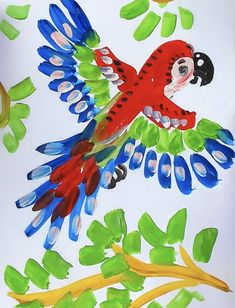 a painting of a parrot flying through the air