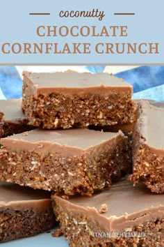 chocolate cornflake crunch bars stacked on top of each other with text overlay