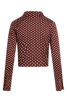 Be sweetly spotted in a darling top shaped with rows of ruching and topped with a jaunty collar. 18 1/2" length Hidden side-zip closure Spread collar V-neck Long sleeves 95% viscose, 5% elastane Dry clean Imported Elegant Polka Dot Top For Fall, Polka Dot Fitted Cropped Top, Fitted Cropped Polka Dot Top, Elegant Fitted Polka Dot Top, Fitted Polka Dot Blouse For Fall, Ruby Top, Orange Plaid, Favorite Daughter, Vintage Fits