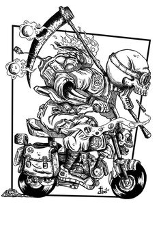 a black and white drawing of a motorcyclist with skulls on his bike