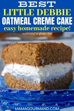 homemade oatmeal creme pie recipe on a blue plate with text overlay