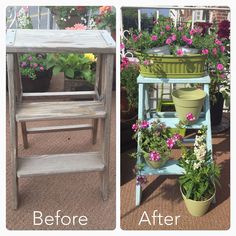 before and after photos of an old plant stand turned into a flower potting bench