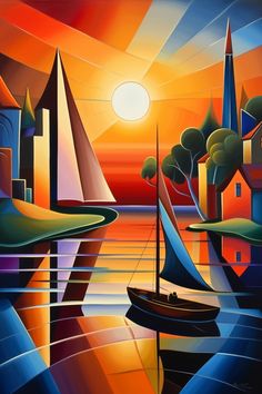 a painting of sailboats on the water at sunset