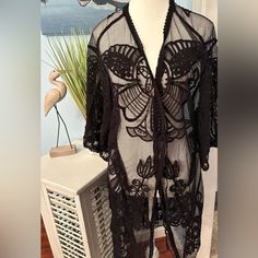 One Size - Black Beach Coverup Black Beachwear Cover-up For Spring, Beachy Black Cover-up For Beach Season, Black Spring Festival Cover-up, Black Party Cover-up For Spring, Black Beachwear Tops For Vacation, Black Vacation Beachwear Tops, Black Summer Beach Cover-up Top, Black Summer Top For Beach Cover-up, Black Tops For Beach Cover-up In Summer