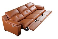 a brown leather couch with recliners underneath it