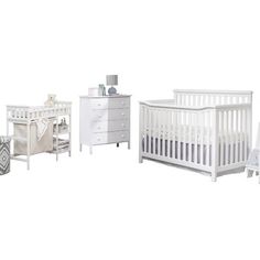 a white crib, dresser and changing table