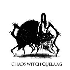 a black and white drawing of a woman on a horse with the words chaos witch quelaag