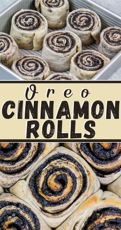 cinnamon rolls in a pan with the title overlay