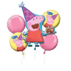 peppa pig balloon bouquets with helium balloons in the shape of birthday hats for kids