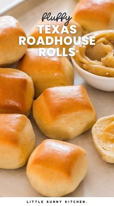 several rolls with peanut butter on them and the words, peupy texas roadhouse rolls