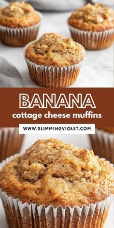 banana cottage cheese muffins on a white surface with the title text above it