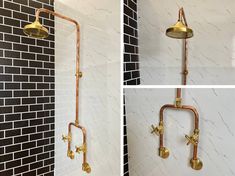 four different views of a shower head and hand shower faucet in gold fixtures