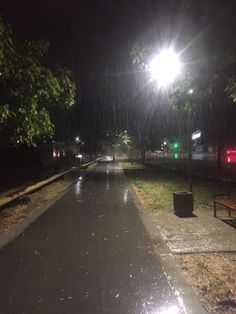 an empty street at night with the lights on