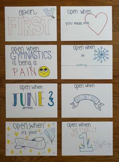 four handmade greeting cards with the words open when you miss me