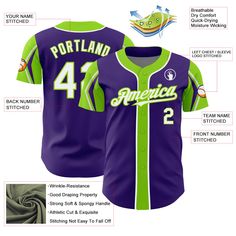 Custom Purple White-Neon Green 3 Colors Arm Shapes Authentic Baseball Jersey Baseball Jersey Men, St. Patricks Day, Alpha Kappa Alpha, 3d Pattern, White Jersey, Number 3, Baseball Shirts, Baseball Jersey, Button Design