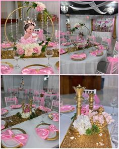 pink and gold baby shower party with princess doll in centerpieces, table decorations