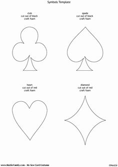 four card suit templates with hearts and spades on the front, two in the middle