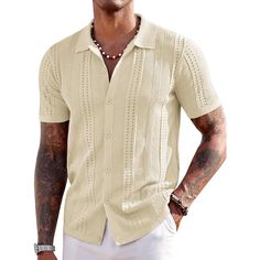 Material: Men's Casual Button Down Shirt Is Made Of Soft Knit Fabric. Lightweight And Breathable Men's Short Sleeve Knitted Polo Shirts Provide You A Comfortable And Cool Feeling Wearing Experience. Style & Design: Men's Short Sleeve Knit Shirt Is Designed With Turn Down Collar, Knit Textured Hollow Out Design, Button Closure Stylish Summer Beach Shirts. Matching: Men's Knit Button Up Shirt Can Be Paired With Chino Trousers, Shorts, Jeans, Slacks Or Linen Pants For A Cool Casual Look. A Guayaber Mens Linen Outfits, Knit Shirts, Button Down Polo, Henley Shirt Men, Pullover Sweater Men, Shirt Casual Style, Shirts Short Sleeve, Fashion Menswear, Men's Knit