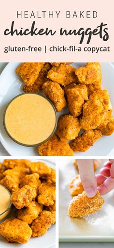 chicken nuggets on a plate with dipping sauce in the middle and then fried