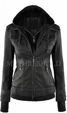 Black Leather Motorcycle Jacket Women, Fitted Black Biker Jacket With Double-lined Hood, Fitted Black Biker Hooded Jacket, Hooded Leather Jacket For Outdoor Fall, Winter Fitted Biker Jacket With Double-lined Hood, Fitted Biker Jacket With Double-lined Hood, Casual Fitted Leather Hooded Jacket, Black Fitted Hooded Biker Jacket, Fitted Biker Hooded Jacket