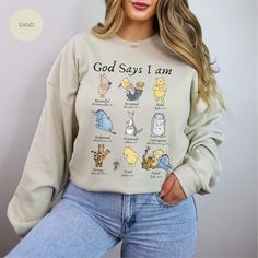 Winnie the Pooh Christian Sweatshirt that can be used while outside in the cold or when inside and want that extra warmth. Stay stylish and cute while in this Pooh Bear Bible Verse sweatshirt that you'll love! Show your faith while in your personal Christian Pooh and Friends sweater. Need that special something for that special someone? This cute sweatshirt makes the perfect gift, get yours today! ... How To Order ... 1) Please check and review all photos 2) Select your shirt size 3) Click add t Winnie The Pooh Shirts, Friends Sweater, Winnie The Pooh Shirt, Pooh And Friends, Classic Winnie The Pooh, Church Shirt, God Says, Christian Sweatshirt, Cute Sweatshirts