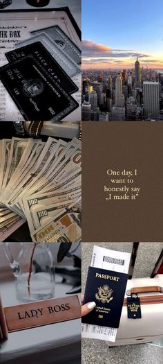 a collage of photos with the words lady boss on it and money in front of them